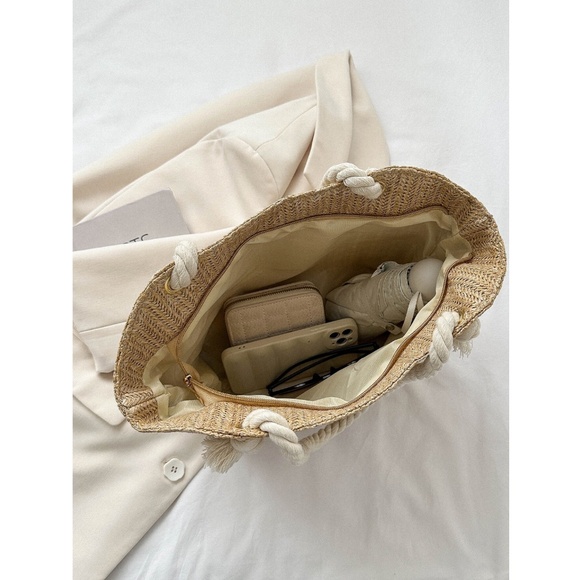 Medium Tote Straw Bag Khaki Beige Lined Rope Handles Beach Summer - Picture 6 of 8